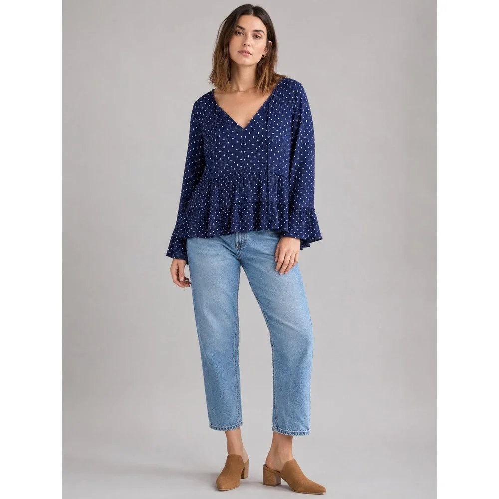 Lucky Brand Navy Blue Polka Dot Tiered Peasant Top Long Sleeve XL Boho Blouse - Picture 1 of 8